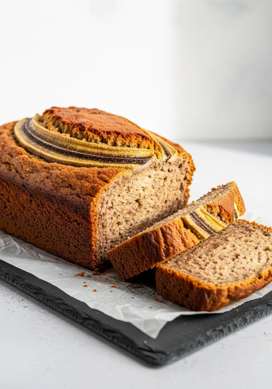 Sourdough Banana Bread Recipe (Use Your Sourdough Discard!) 4 A loaf of sourdough banana bread recipe, partially sliced to show the moist crumb inside.