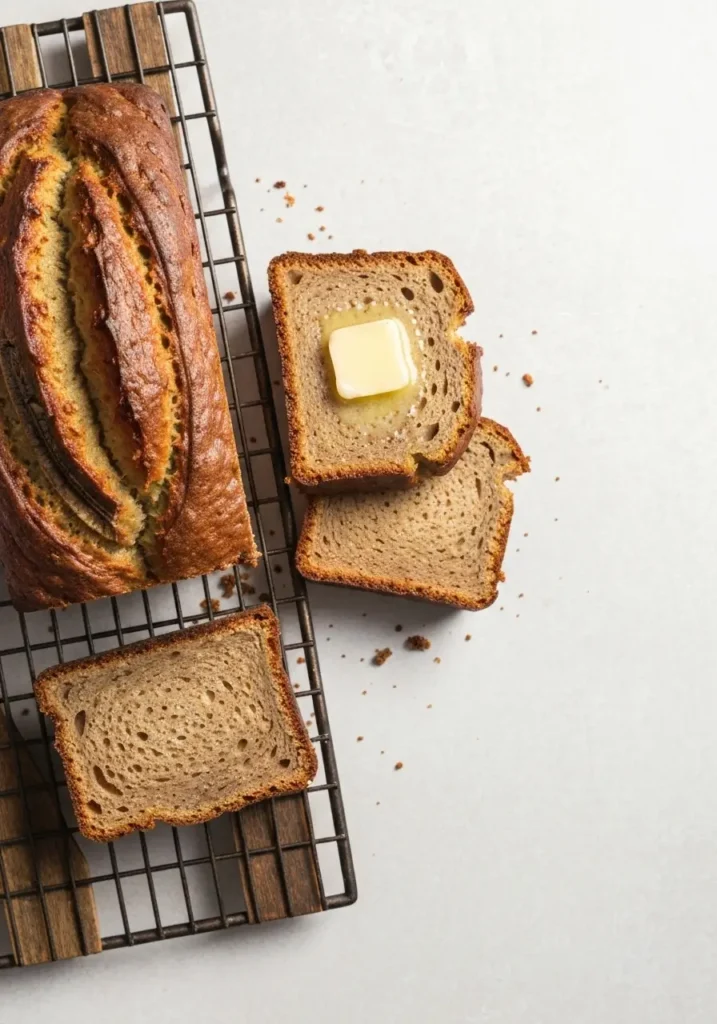 Sourdough Banana Bread Recipe (Use Your Sourdough Discard!) 3 An overhead view of a sliced loaf of sourdough banana bread on a cooling rack.