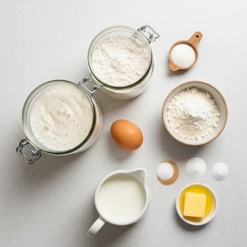Ingredients for sourdough pancakes laid out on a light surface.