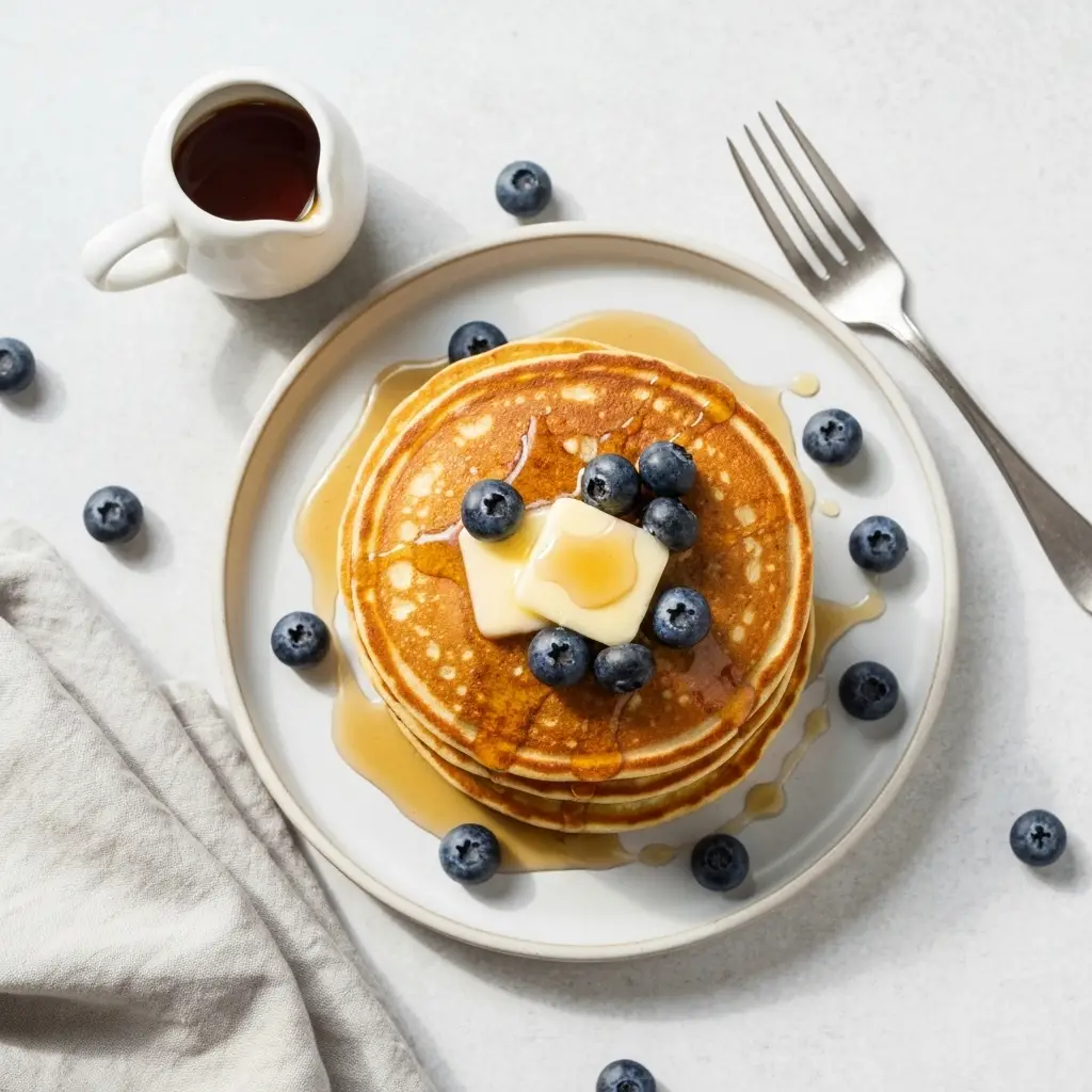 An overhead shot of a plate of sourdough pancakes with blueberries and syrup.