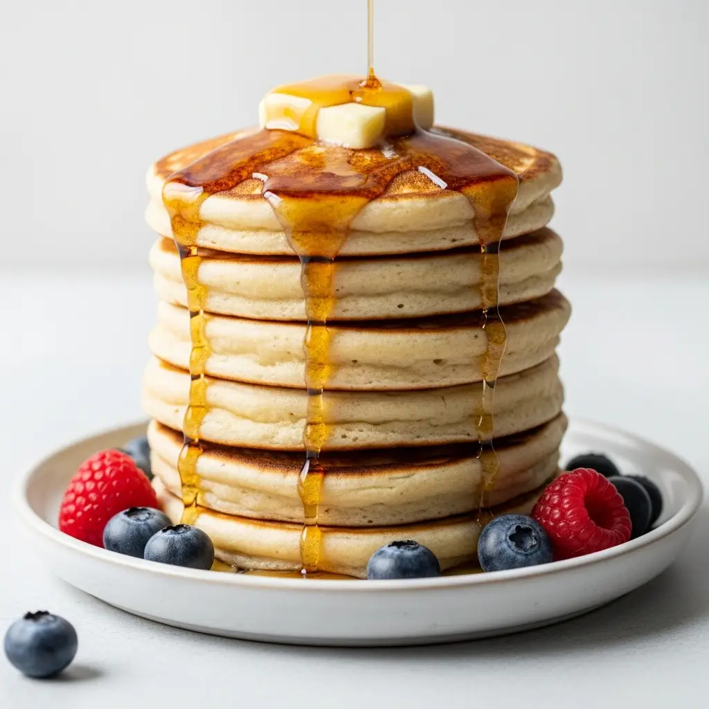 A tall stack of fluffy sourdough pancakes with melting butter and maple syrup.