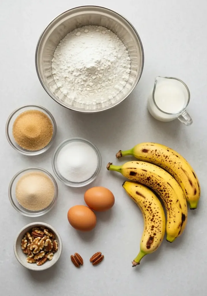 Copycat Starbucks Banana Bread Recipe (Moist, Nutty & Just Like Theirs!) 2 Ingredients for Starbucks banana bread recipe arranged on a light surface.