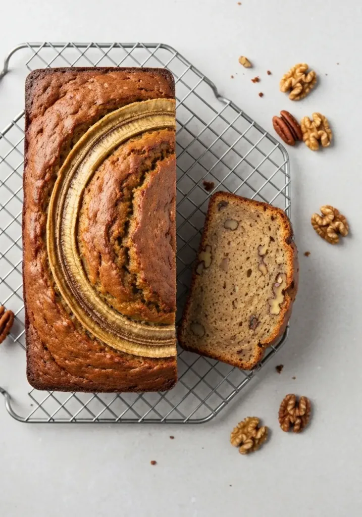 Copycat Starbucks Banana Bread Recipe (Moist, Nutty & Just Like Theirs!) 3 Overhead view of a sliced Starbucks copy-cat banana bread loaf on a cooling rack.