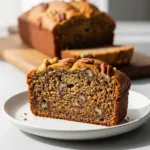 A thick slice of moist Starbucks copycat banana bread on a white plate, with the rest of the loaf in the background.