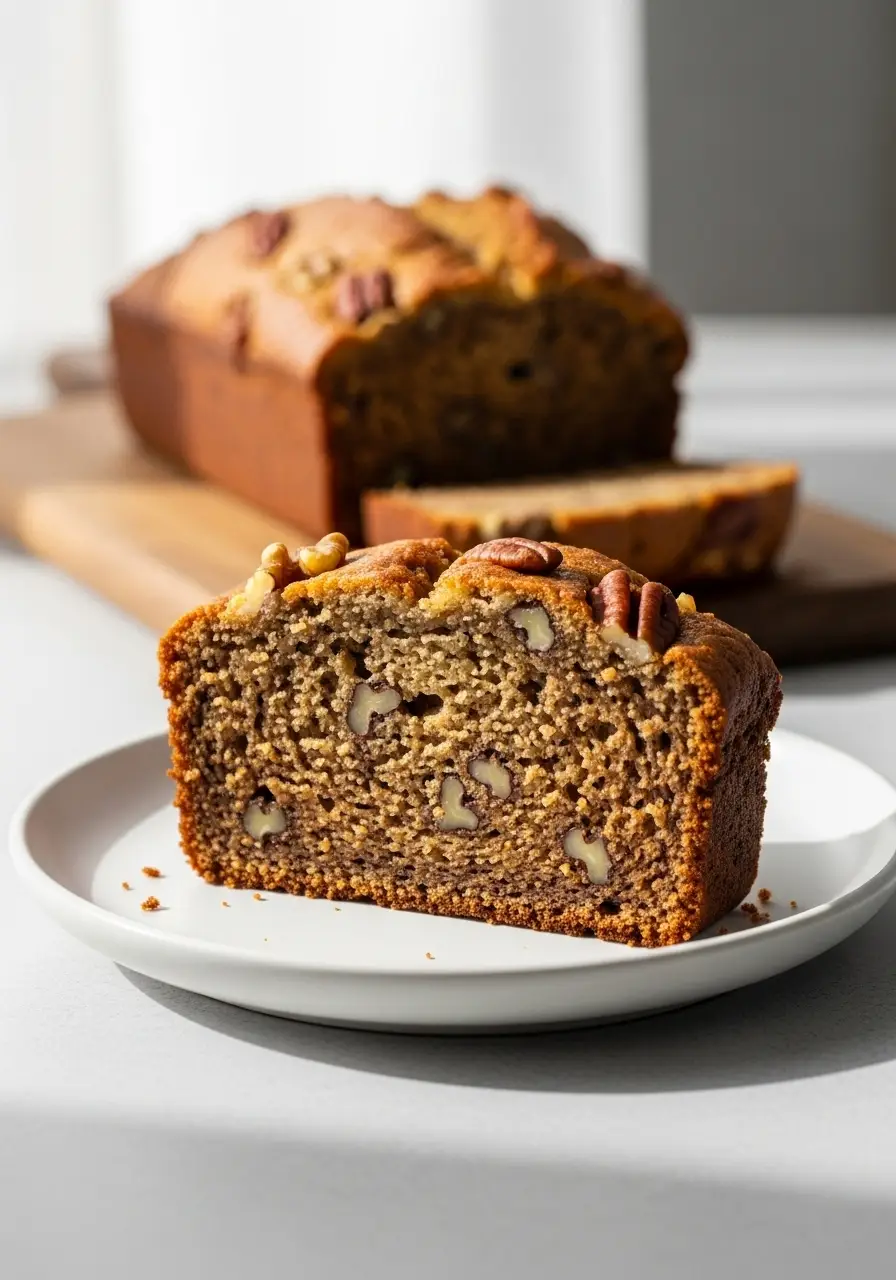 Copycat Starbucks Banana Bread Recipe (Moist, Nutty & Just Like Theirs!) 4 A thick slice of moist Starbucks copycat banana bread on a white plate, with the rest of the loaf in the background.
