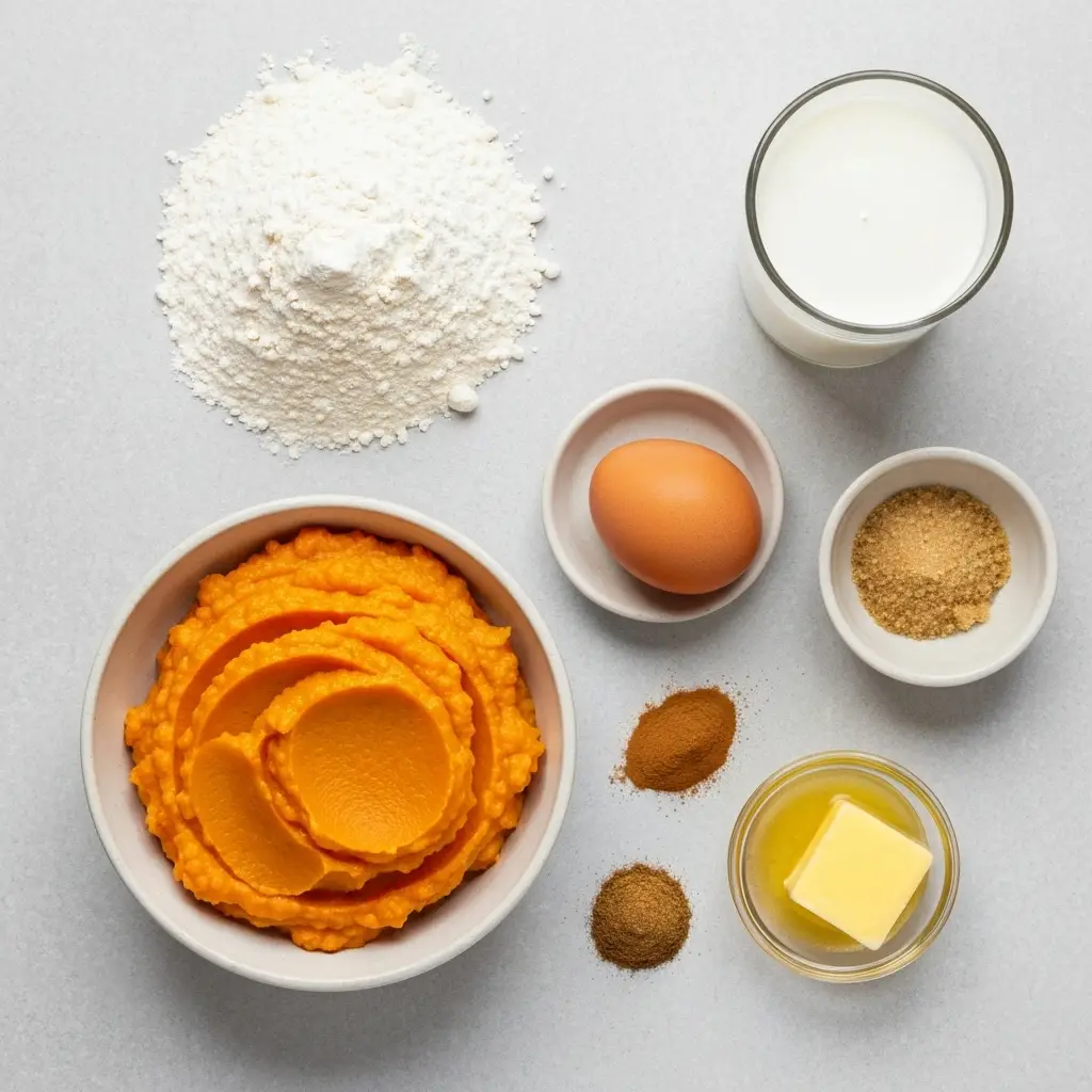 Sweet Potato Pancake Recipe (Fluffy & Spiced) 2 Ingredients for sweet potato pancake recipe laid out on a neutral surface.