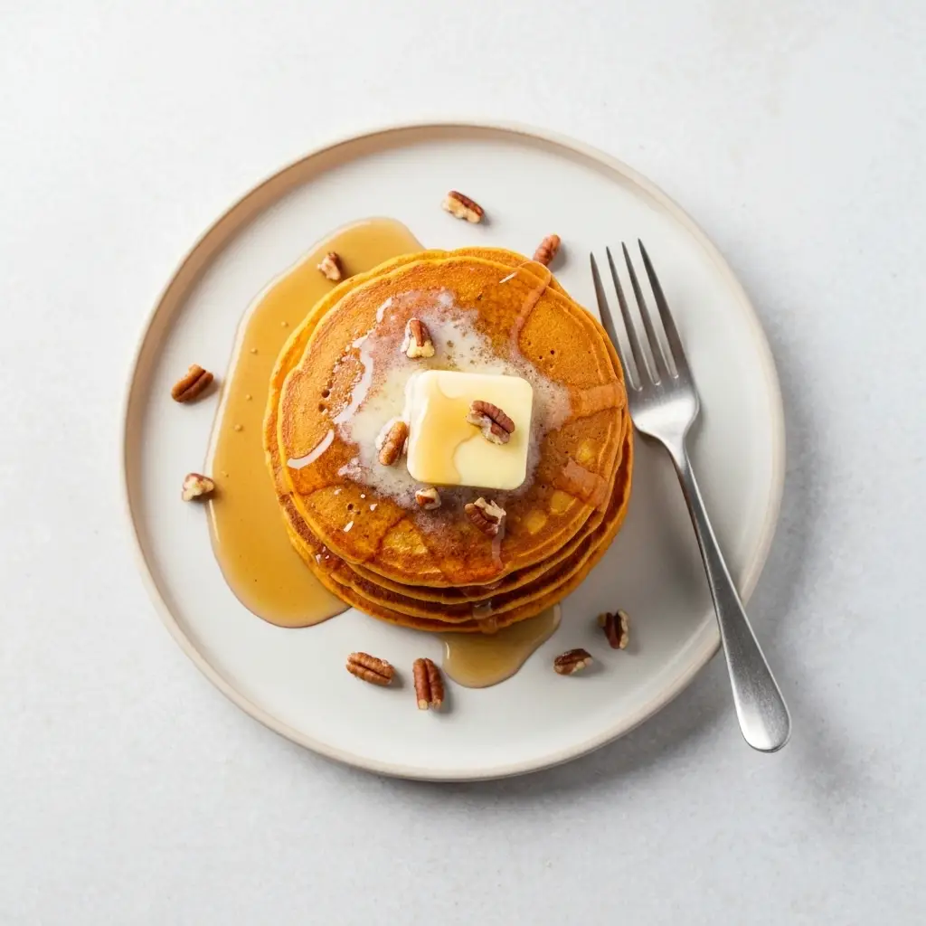 Sweet Potato Pancake Recipe (Fluffy & Spiced) 4 An overhead shot of a plate of sweet potato pancakes with butter and syrup.
