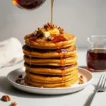 Sweet Potato Pancake Recipe (Fluffy & Spiced) A tall stack of fluffy sweet potato pancakes with melting butter, maple syrup, and toasted pecans.