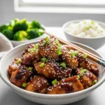 Teriyaki Chicken Recipe (Better Than Takeout!) A close-up 45-degree angle shot of a bowl of homemade teriyaki chicken, glistening with a thick glaze and garnished with sesame seeds and green onions.