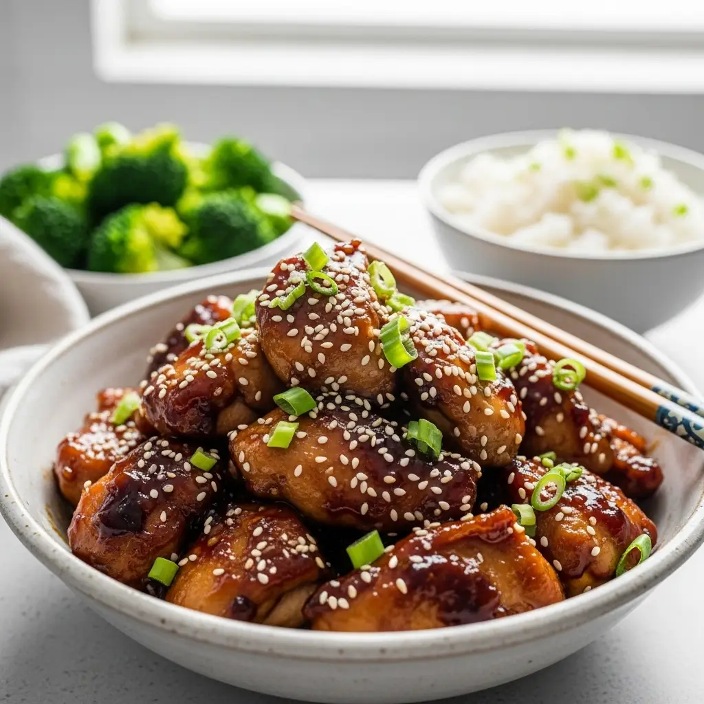 A close-up 45-degree angle shot of a bowl of homemade teriyaki chicken, glistening with a thick glaze and garnished with sesame seeds and green onions.