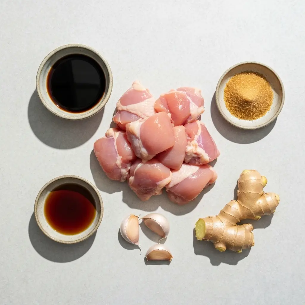 An overhead view of the ingredients for teriyaki chicken, including chicken, soy sauce, mirin, sugar, garlic, and ginger.