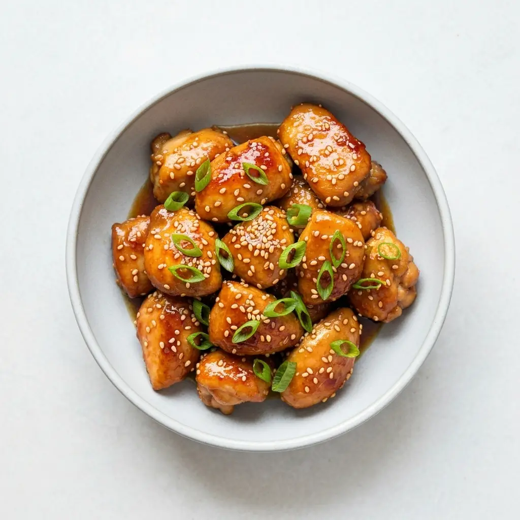 An overhead flat lay shot of a serving of teriyaki chicken in a light-colored bowl, garnished beautifully.