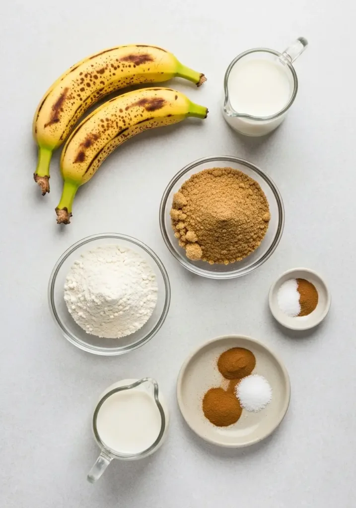 The Best Vegan Banana Bread Recipe (So Easy, Moist, and Fluffy!) 2 Ingredients for vegan banana bread, including bananas, flour, sugar, and flaxseed meal, arranged on a light surface.