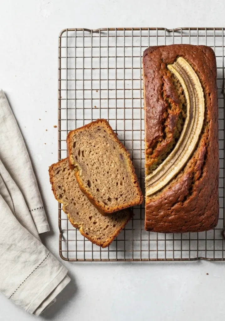 The Best Vegan Banana Bread Recipe (So Easy, Moist, and Fluffy!) 3 An overhead view of a sliced loaf of vegan banana bread on a wire cooling rack.
