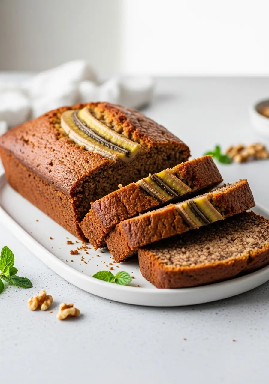 The Best Vegan Banana Bread Recipe (So Easy, Moist, and Fluffy!) 4 A loaf of moist vegan banana bread on a platter, with several thick slices cut to show the tender texture inside.