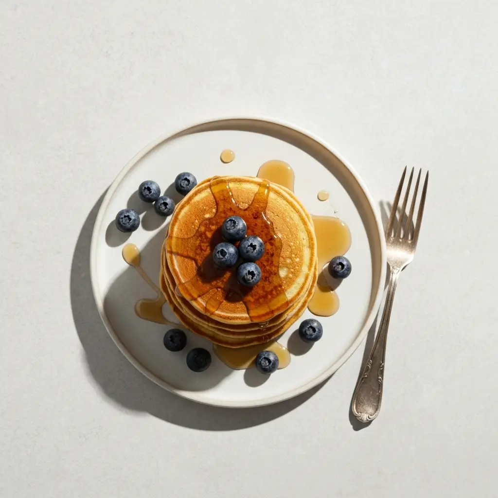 Vegan Pancake Recipe (Perfectly Fluffy & Easy!) 4 An overhead shot of a stack of three golden vegan pancakes with blueberries and maple syrup.