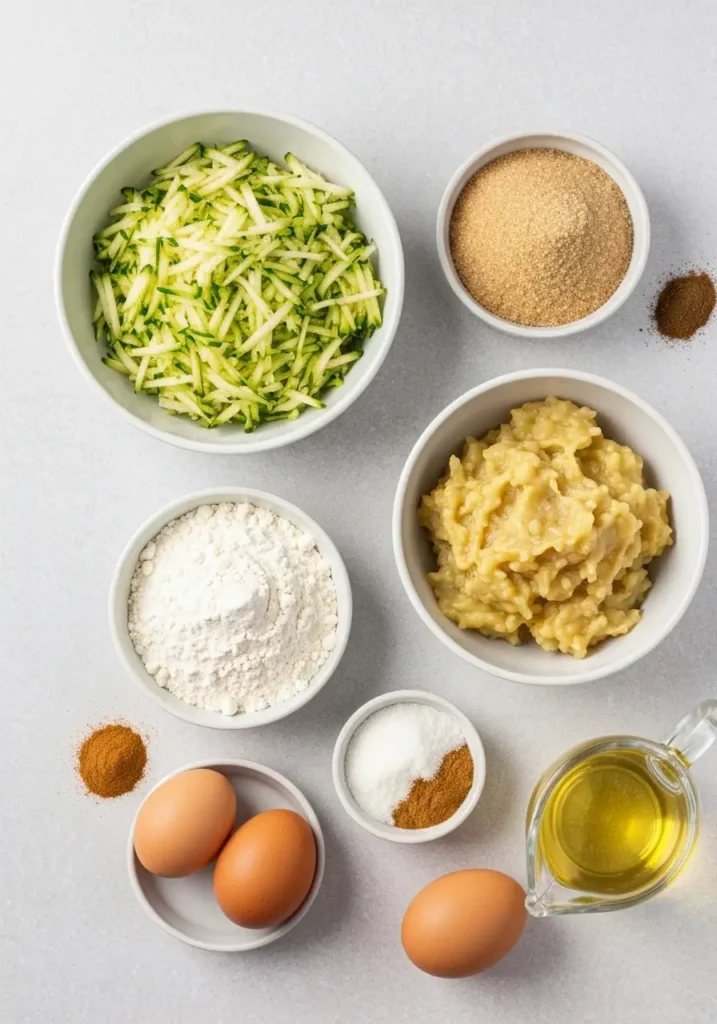 Ingredients for zucchini banana bread laid out on a neutral surface, including flour, bananas, zucchini, and sugar.