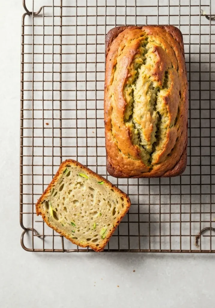 Overhead view of a freshly baked loaf of zucchini banana bread with one slice cut.