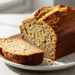 The Best Zucchini Banana Bread Recipe (Extra Moist & Delicious!) A moist slice of zucchini banana bread next to the full loaf on a white plate.