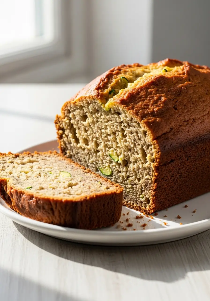 A moist slice of zucchini banana bread next to the full loaf on a white plate.