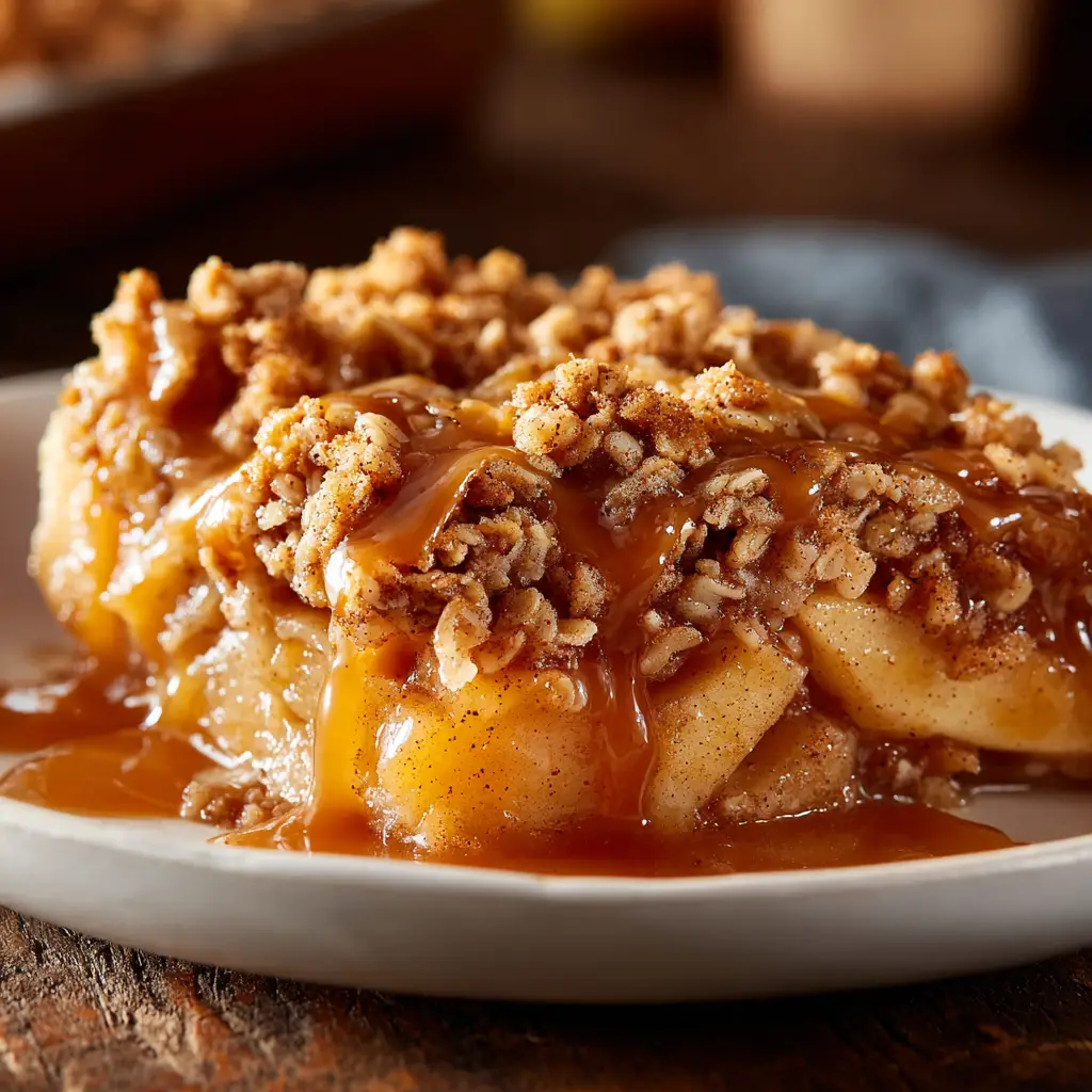 Sliced apples being tossed with cinnamon and sugar in a glass bowl, the first step in making this apple crisp recipe.