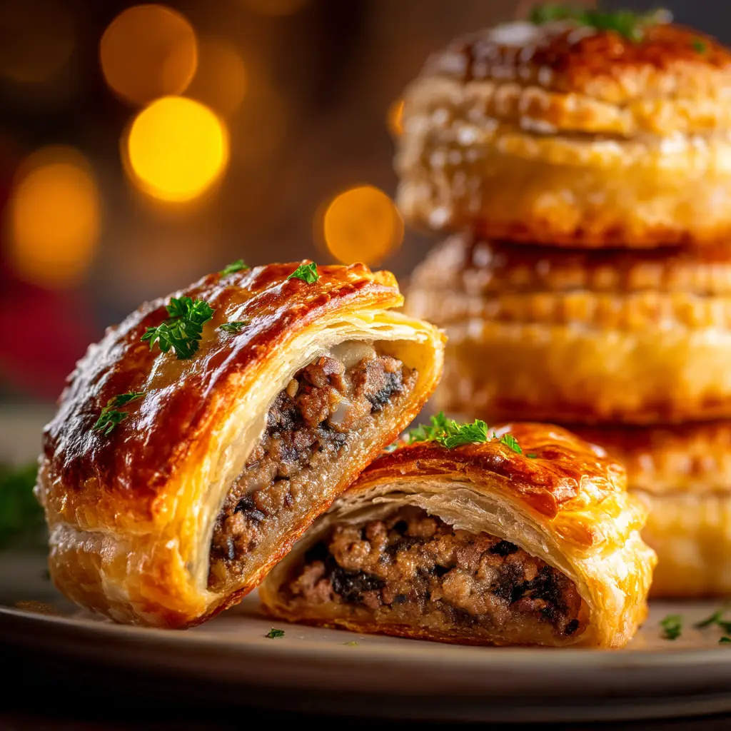 Step-by-step assembly of individual beef wellingtons showing the beef tenderloin being wrapped in prosciutto and mushroom duxelles.