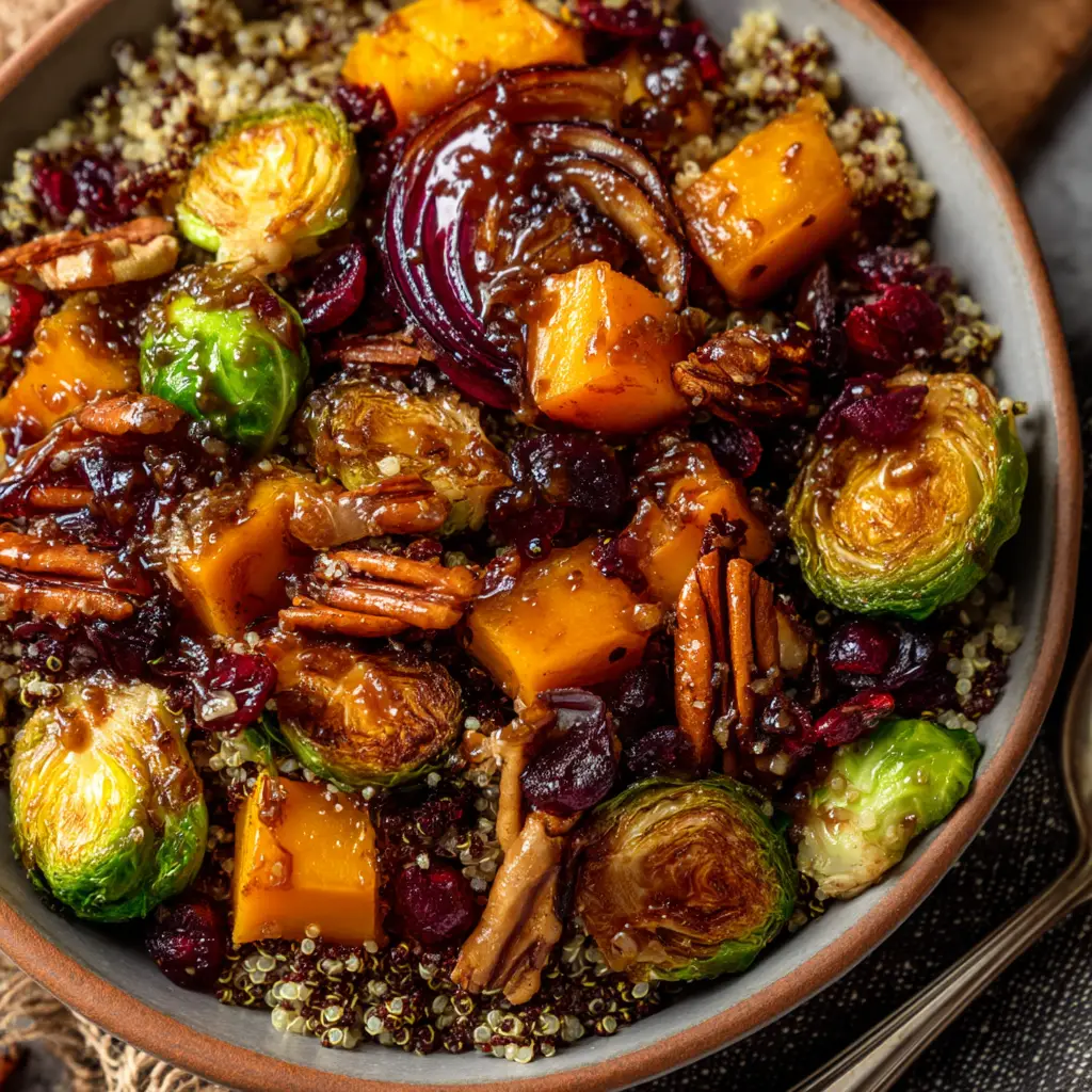 A close-up shot of the Autumn Harvest Quinoa Bowl highlighting the textures of roasted butternut squash, kale, and quinoa.
