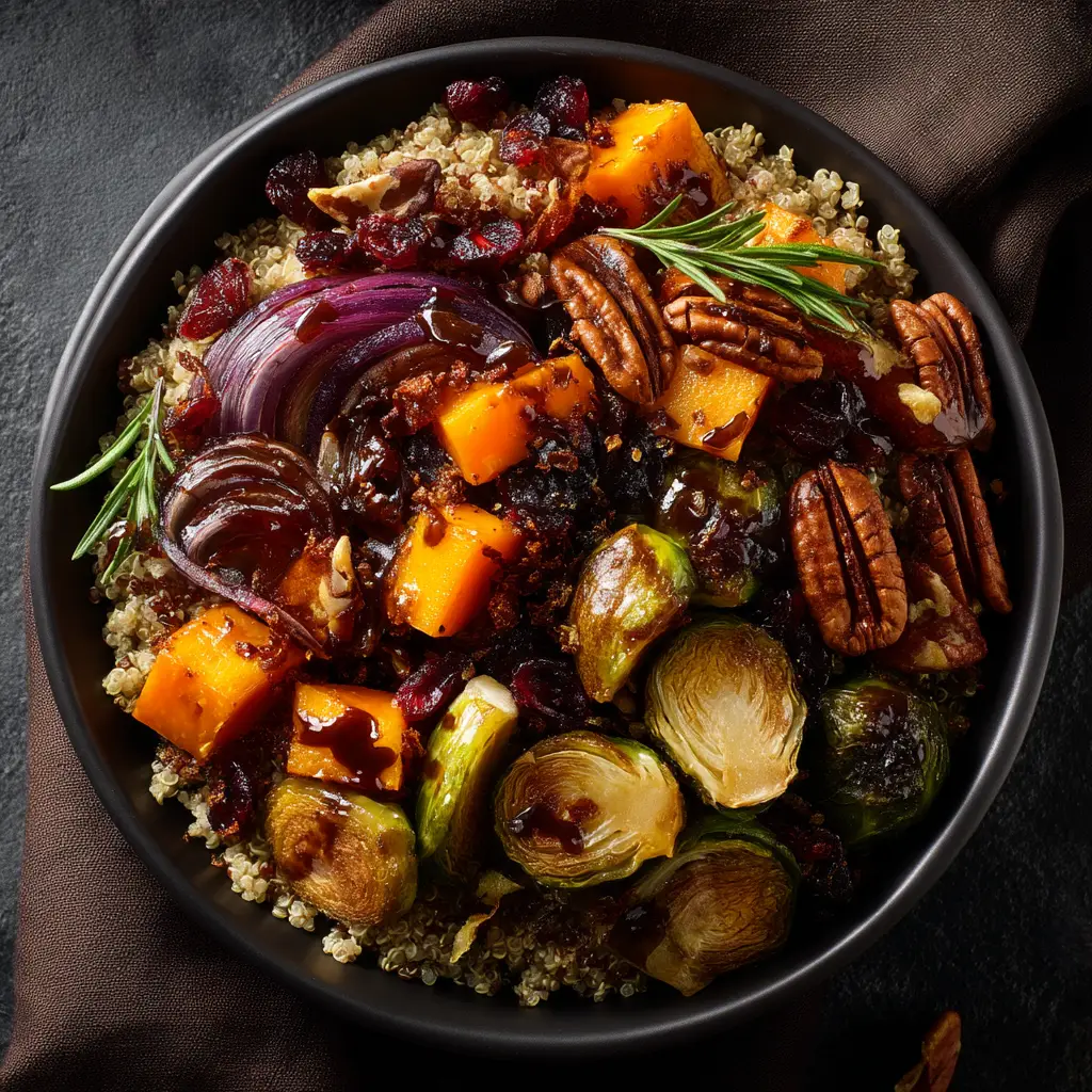 A display of the fresh ingredients for the Autumn Harvest Quinoa Bowl, including cubed butternut squash, quinoa, and kale.
