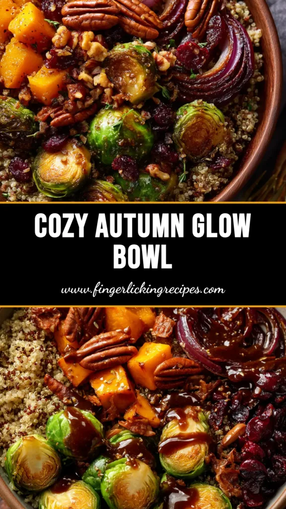 A beautiful Autumn Harvest Quinoa Bowl in a white bowl, topped with feta cheese and pecans, ready to be shared on Pinterest.