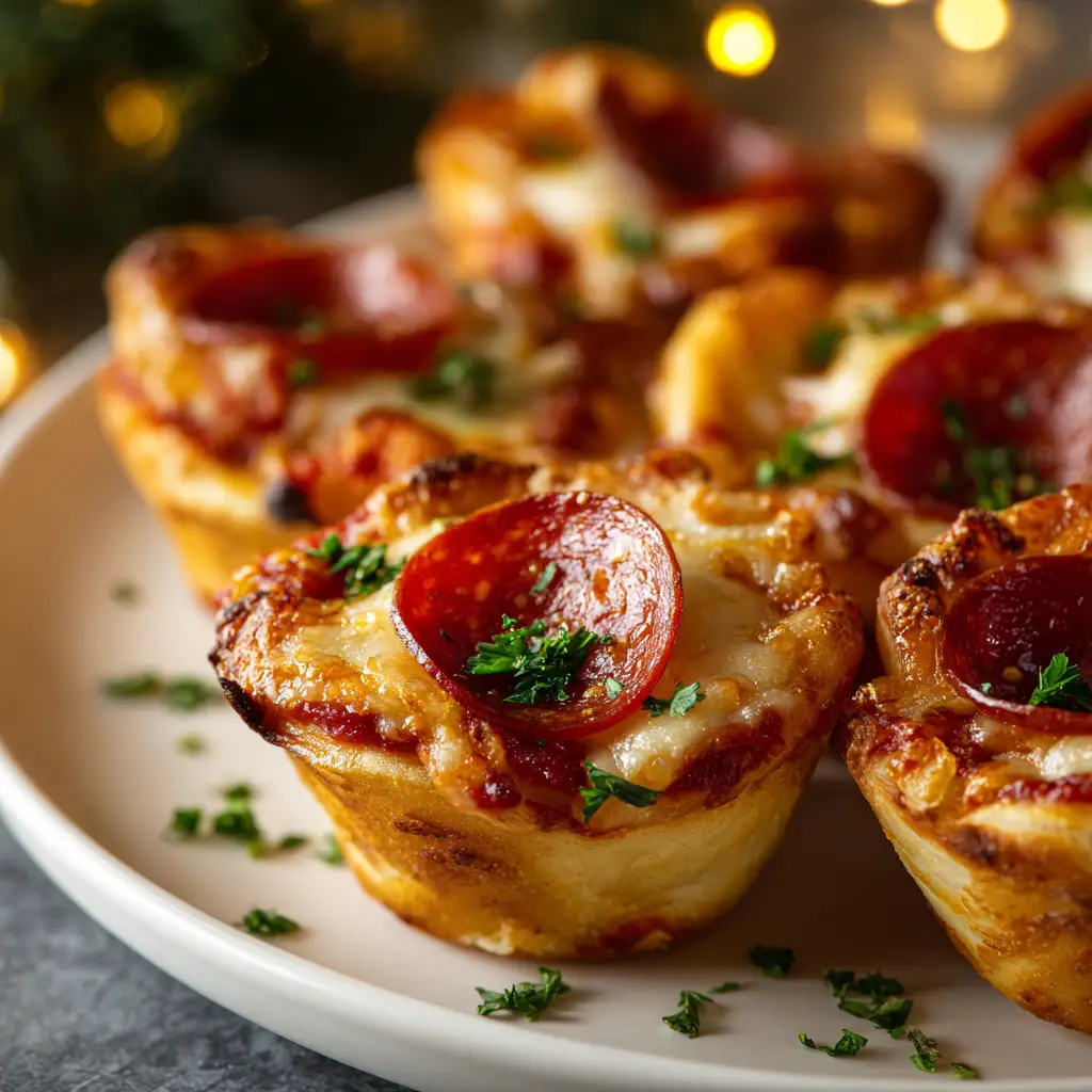 Christmas Pizza Bites: The Easiest Holiday Appetizer 2 A close-up of golden-brown baked Christmas pizza bites on a baking sheet, ready to be served.