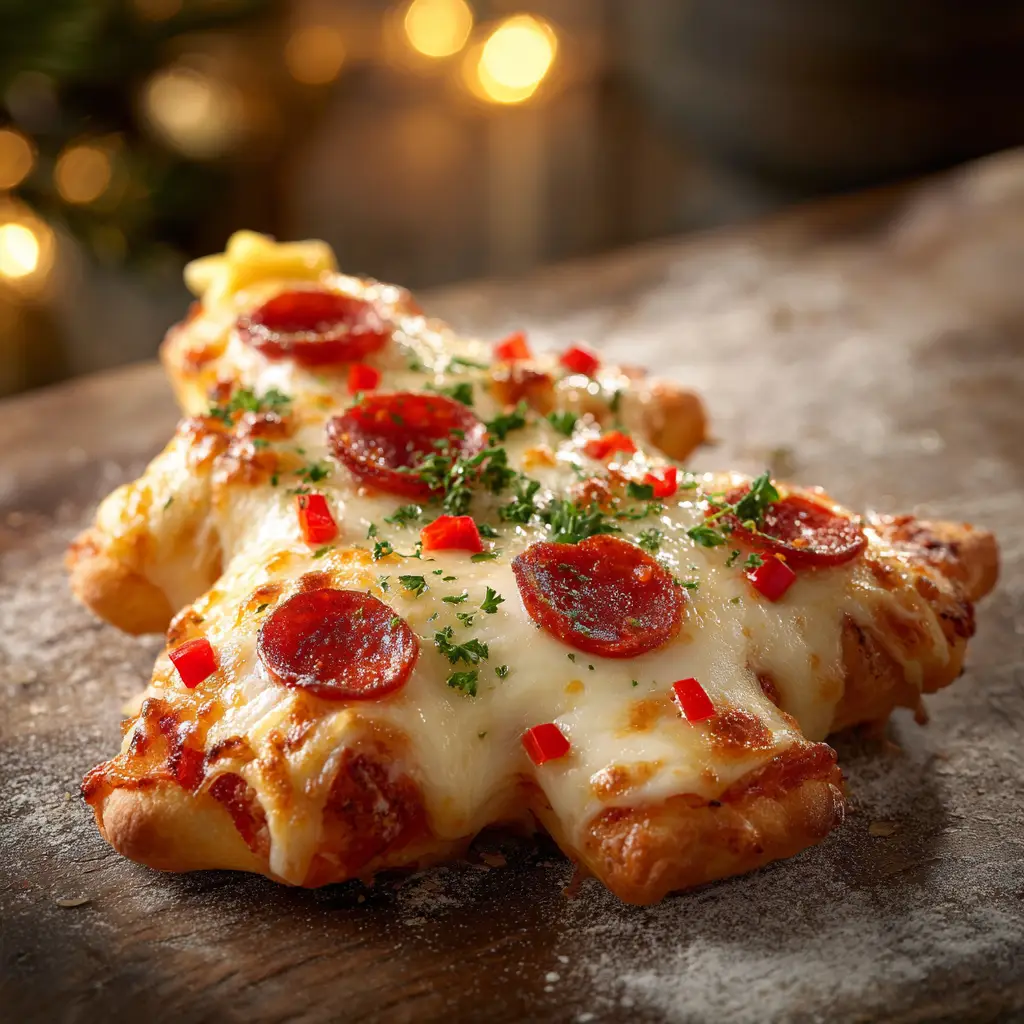 Christmas Tree Mini Pizzas (Easy Holiday Appetizer) 2 A close-up shot of a baked Christmas Tree Mini Pizza showing melted cheese and pepperoni toppings.