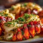 A photo showing the ingredients for the baked lobster tail recipe, including raw lobster tails, butter, garlic, lemon, and parsley, arranged on a countertop.