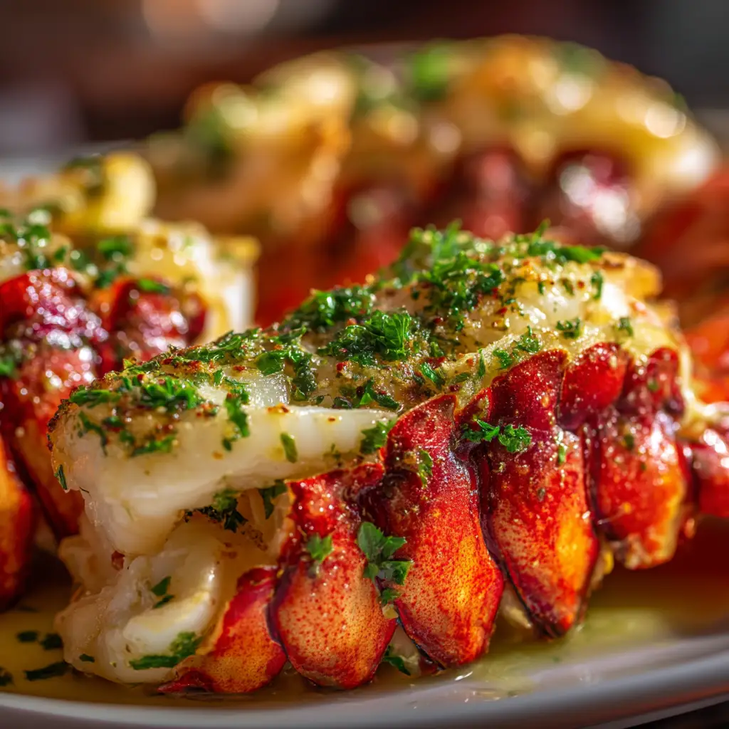 A photo showing the ingredients for the baked lobster tail recipe, including raw lobster tails, butter, garlic, lemon, and parsley, arranged on a countertop.