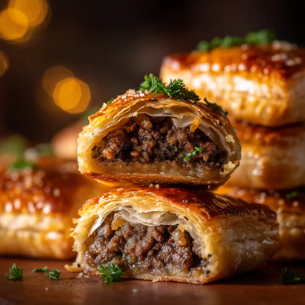 A baking sheet of freshly baked mini beef wellington bites, with the puff pastry puffed up and perfectly golden brown.