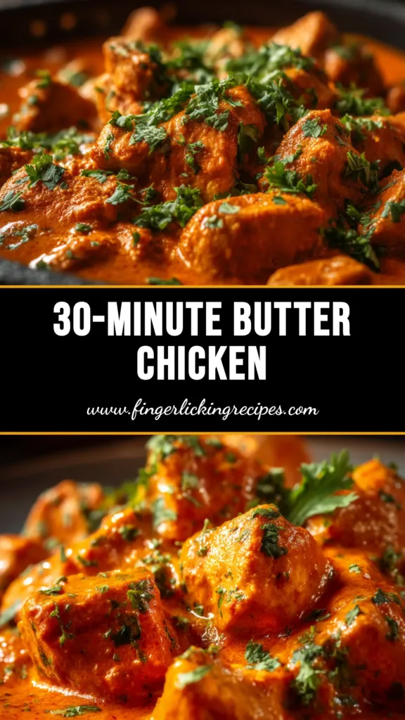 An authentic Butter Chicken Recipe served in a traditional bowl with naan bread, garnished with fresh cilantro and cream. A spoonful of the creamy curry is being lifted out.