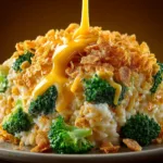 Chicken Broccoli Rice Casserole (Easy & From Scratch!) A scoop of cheesy chicken broccoli rice casserole served on a white plate with a fork.
