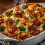 A close-up view of a scoop of cheesy chicken broccoli rice casserole on a white plate. You can clearly see the tender chunks of chicken, bright green broccoli florets, and rice coated in a creamy sauce.