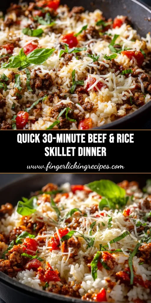 A close-up view of a cheesy ground beef and rice skillet, garnished with fresh parsley. The one-pan meal is shown in a black cast-iron skillet.