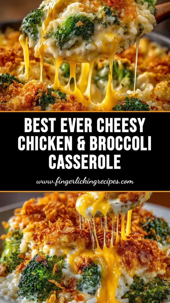 An overhead shot of a baked chicken broccoli rice casserole in a white dish, showing a golden cheesy crust.