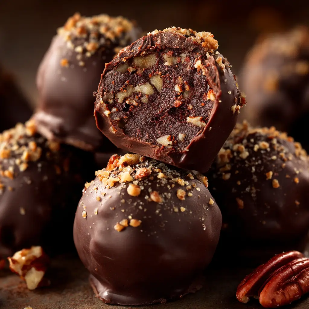 A bowl of melted semi-sweet chocolate next to chilled pecan pie truffle balls, ready for dipping and coating.