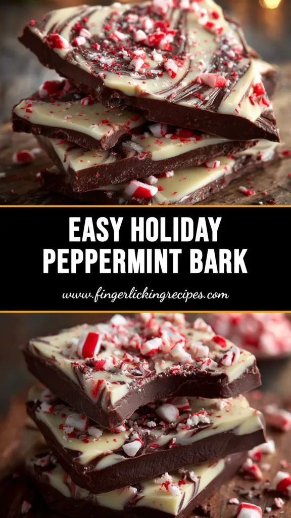 An overhead shot of homemade chocolate peppermint bark recipe broken into pieces on parchment paper, showing distinct dark and white chocolate layers and crushed candy cane topping.