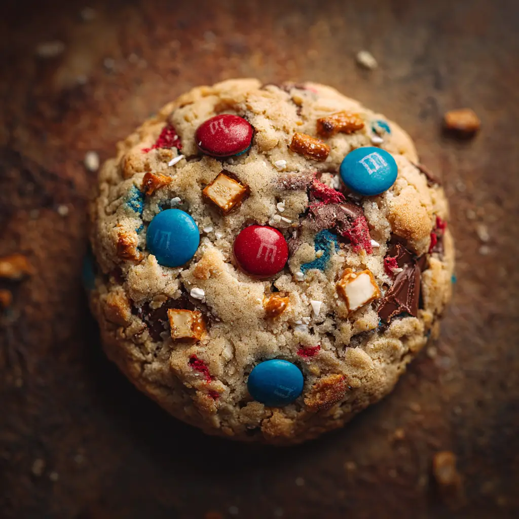 A bowl of Christmas Kitchen Sink Cookie dough filled with colorful M&Ms, pretzels, and chocolate chips before baking.