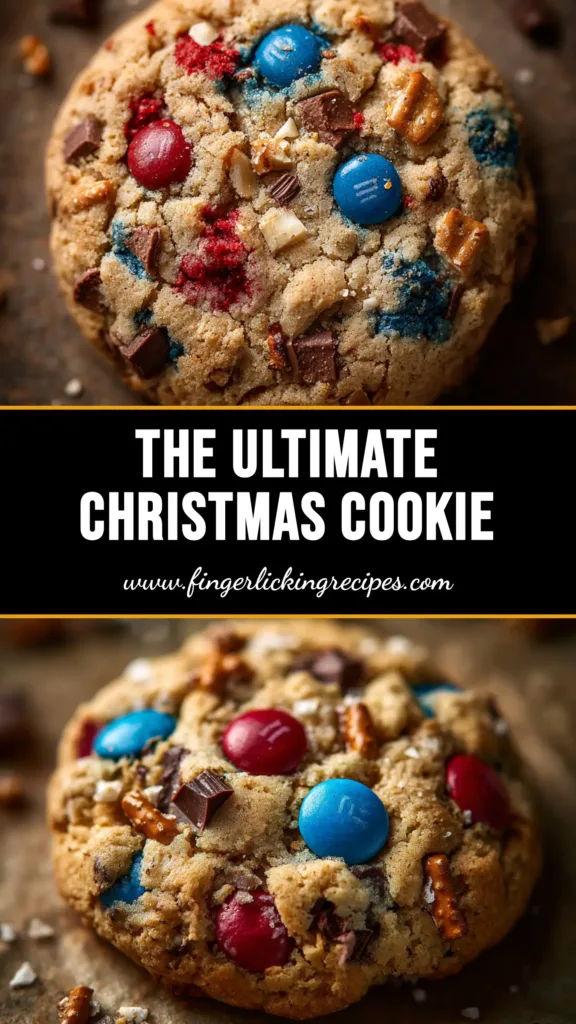 A festive stack of Christmas Kitchen Sink Cookies tied with a red ribbon, showcasing the mix-ins of pretzels, chocolate chips, and colorful M&Ms.