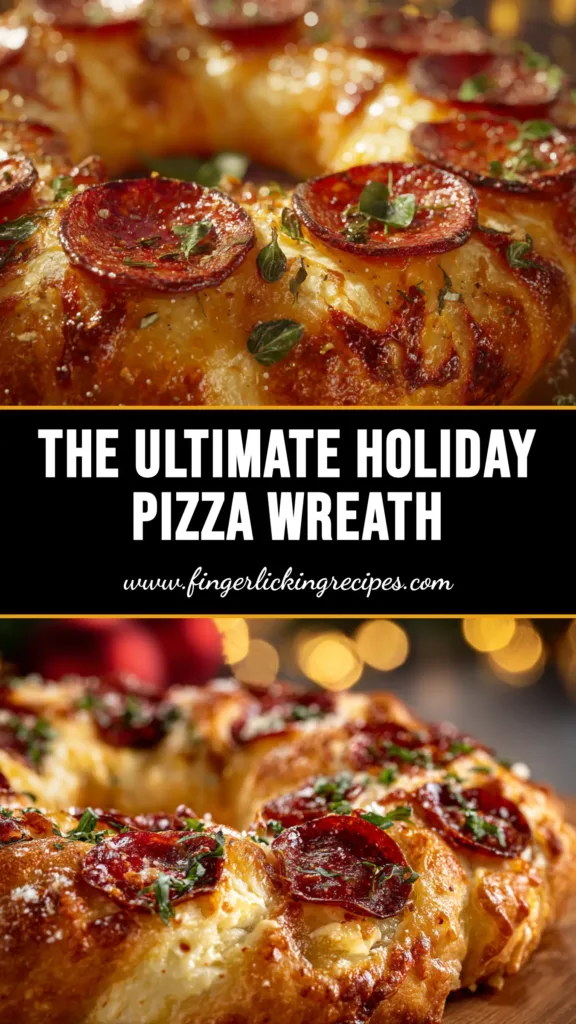 Christmas Pizza Wreath: The Ultimate Festive Appetizer 4 A festive Christmas Pizza Wreath made with golden-brown crescent roll dough, topped with pepperoni and cheese, with a bowl of marinara dipping sauce in the center. A perfect holiday appetizer.