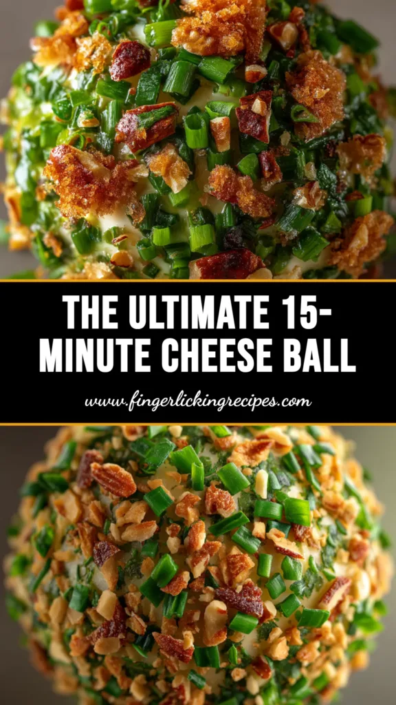 A beautiful classic cheese ball recipe coated in chopped pecans and served on a white plate with assorted crackers. A sprig of parsley garnishes the top.