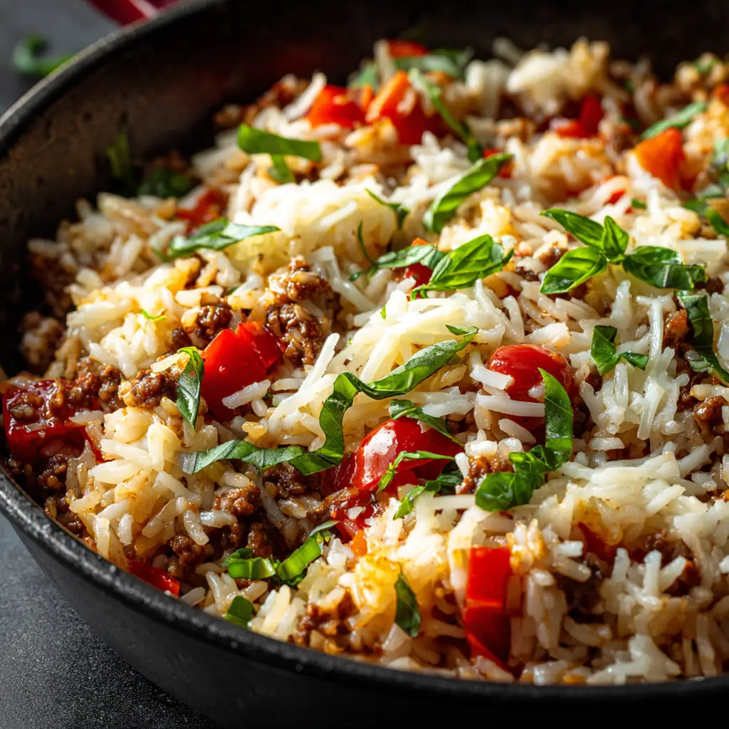 Step-by-step process shot showing ground beef, onions, and peppers sautéing in a skillet for the ground beef and rice recipe.