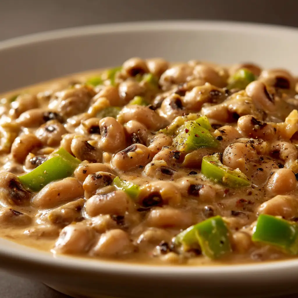 A close-up shot of Southern Black Eyed Peas simmering in a dutch oven with aromatics and a smoked turkey leg. The rich broth is visible.