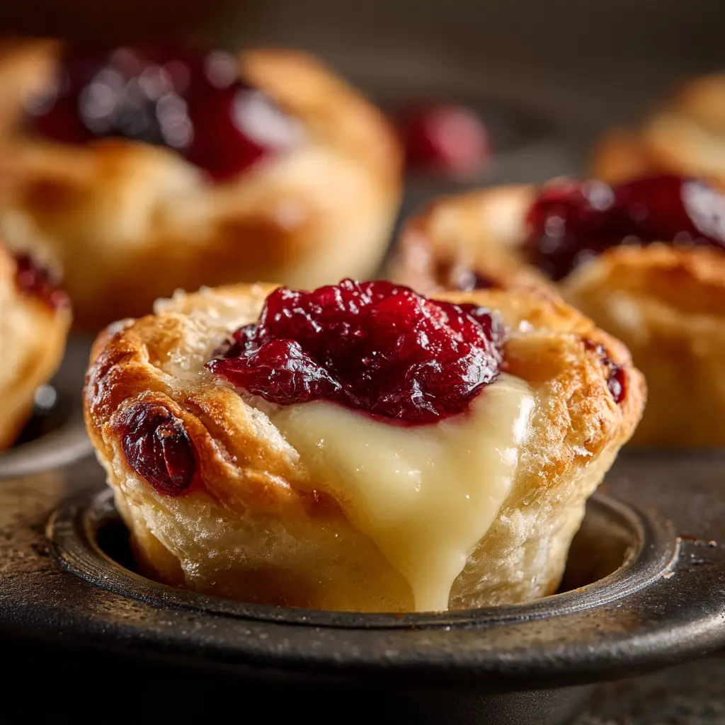 A close-up shot showing the ingredients for baked brie bites: a wheel of brie, a can of crescent dough, cranberry sauce, and pecans.