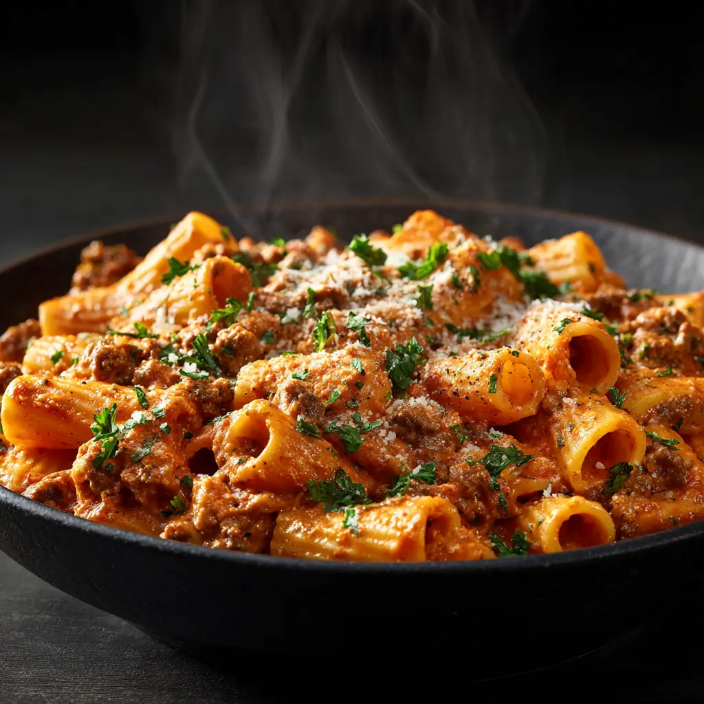 The ingredients for creamy beef pasta laid out, including ground beef, pasta, cream cheese, and beef broth.