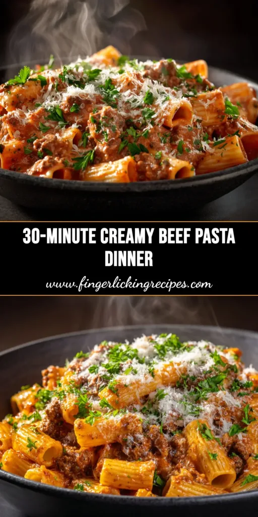 A close-up shot of a white bowl filled with creamy beef pasta, garnished with fresh parsley. The perfect easy weeknight dinner idea.